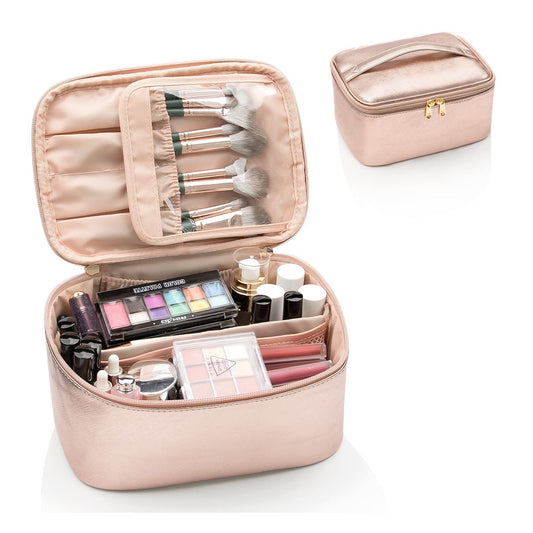 Large Portable Makeup Bag with Toiletries Brushes Slots and Divider-Rose Gold