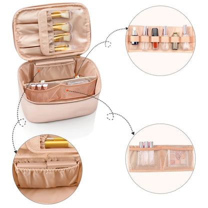 Large Portable Makeup Bag with Toiletries Brushes Slots and Divider-Rose Gold