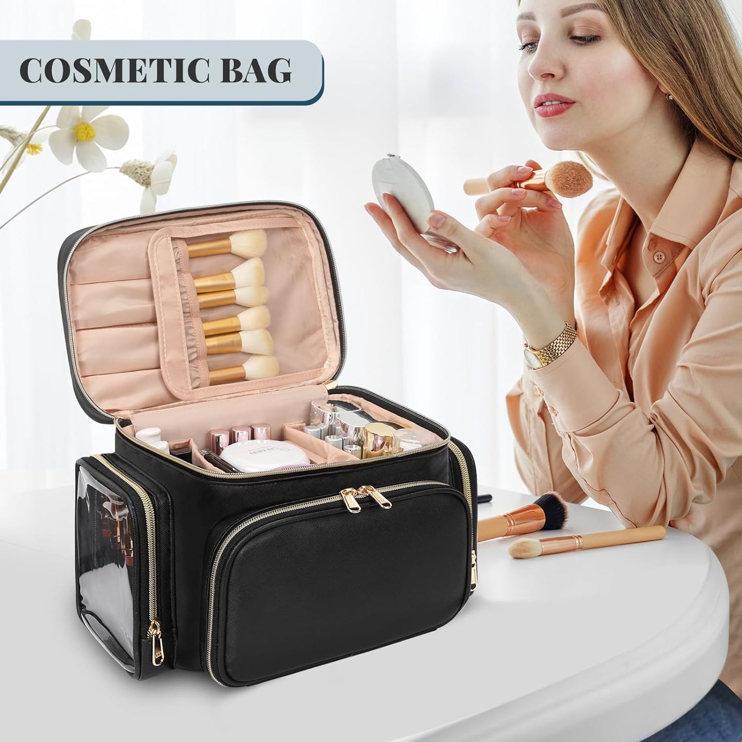 Large Makeup Bag with Makeup Brush Compartment & Two Side Pockets