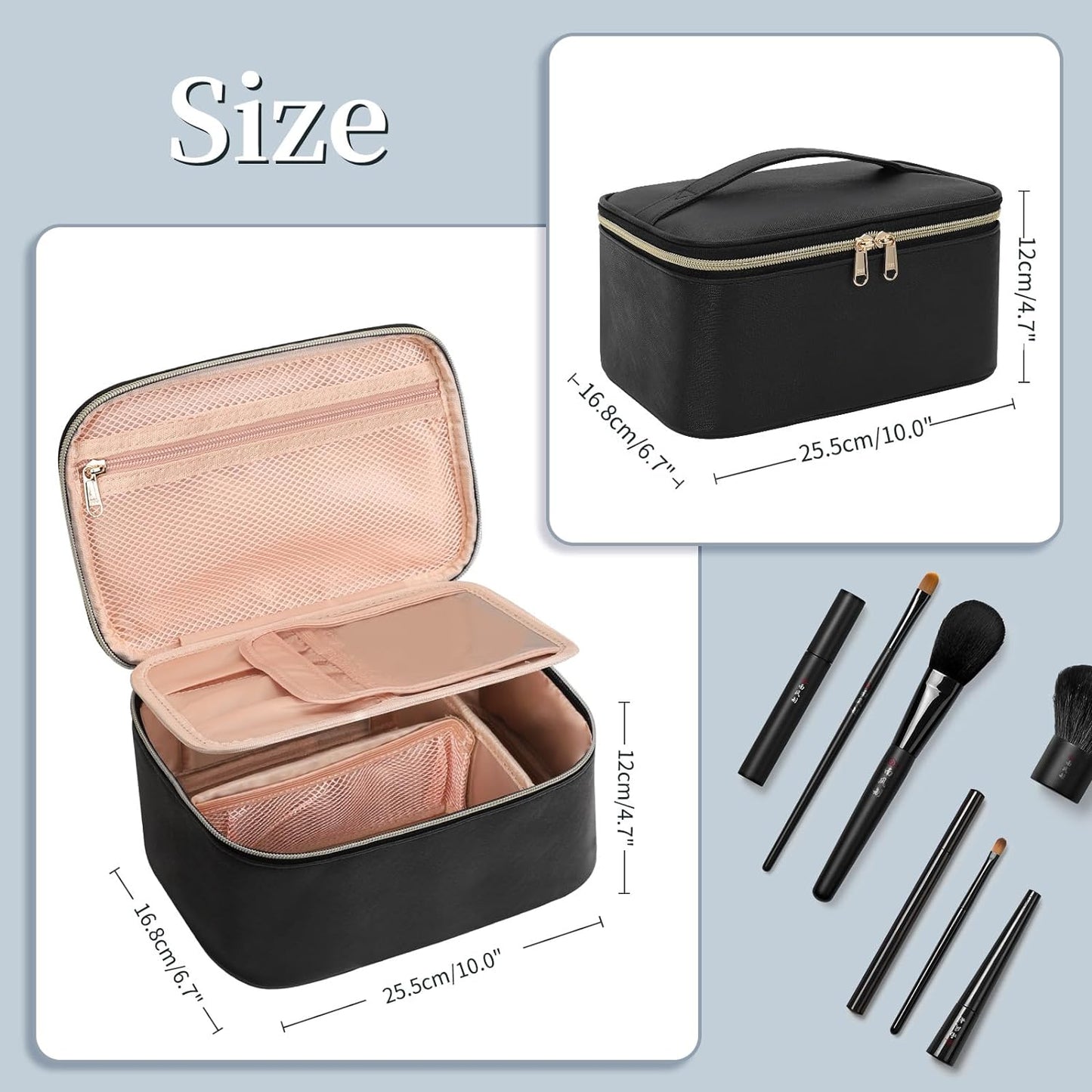 Large Travel Makeup Bag Organizer with Brush Compatrment