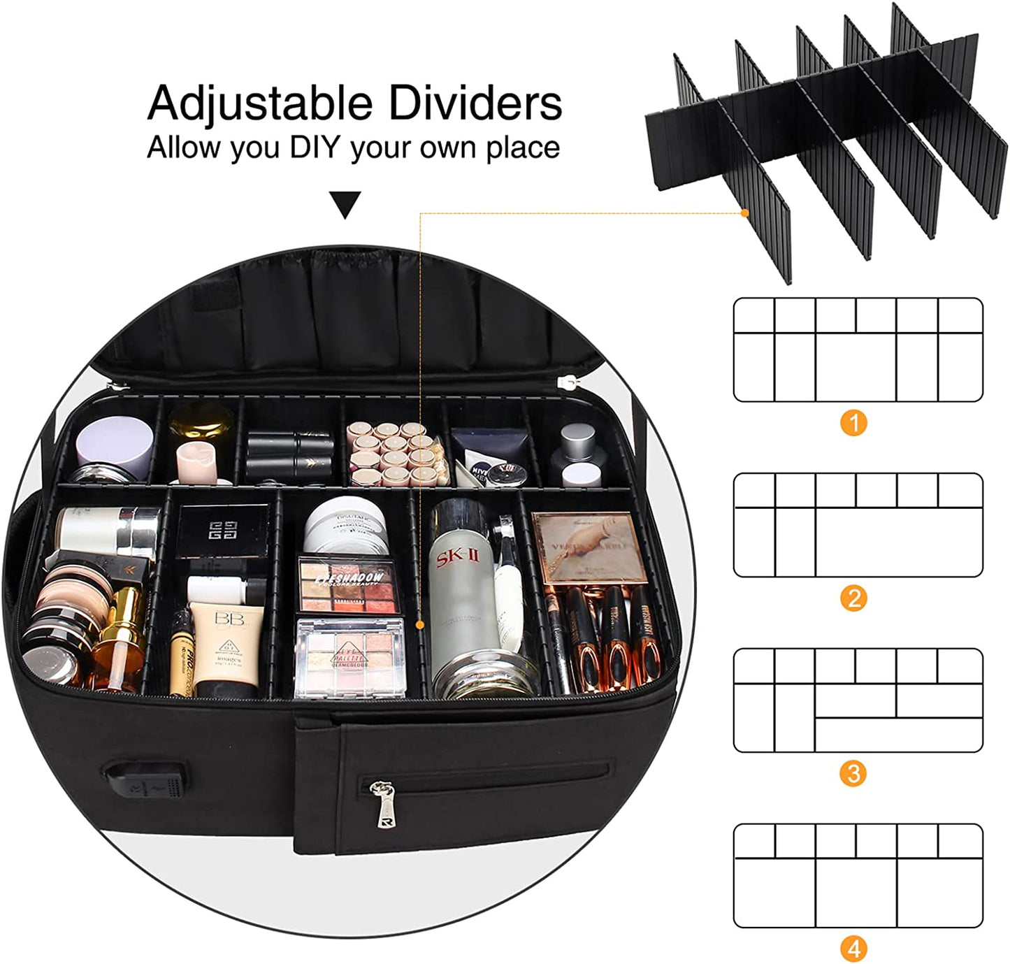 New Professional  Extra Large Makeup Bag for Makeup Artists, with Adjustable Plastic Divider (Black)