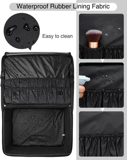 Rolling Extra Large 3-Layer Makeup Train Case with Adjustable Divider (Black)