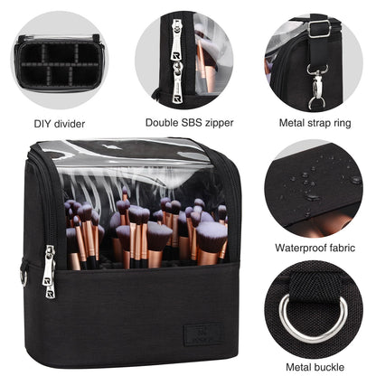 Makeup Brush Case with Shoulder Strap and Adjustable Divider (Large Black)