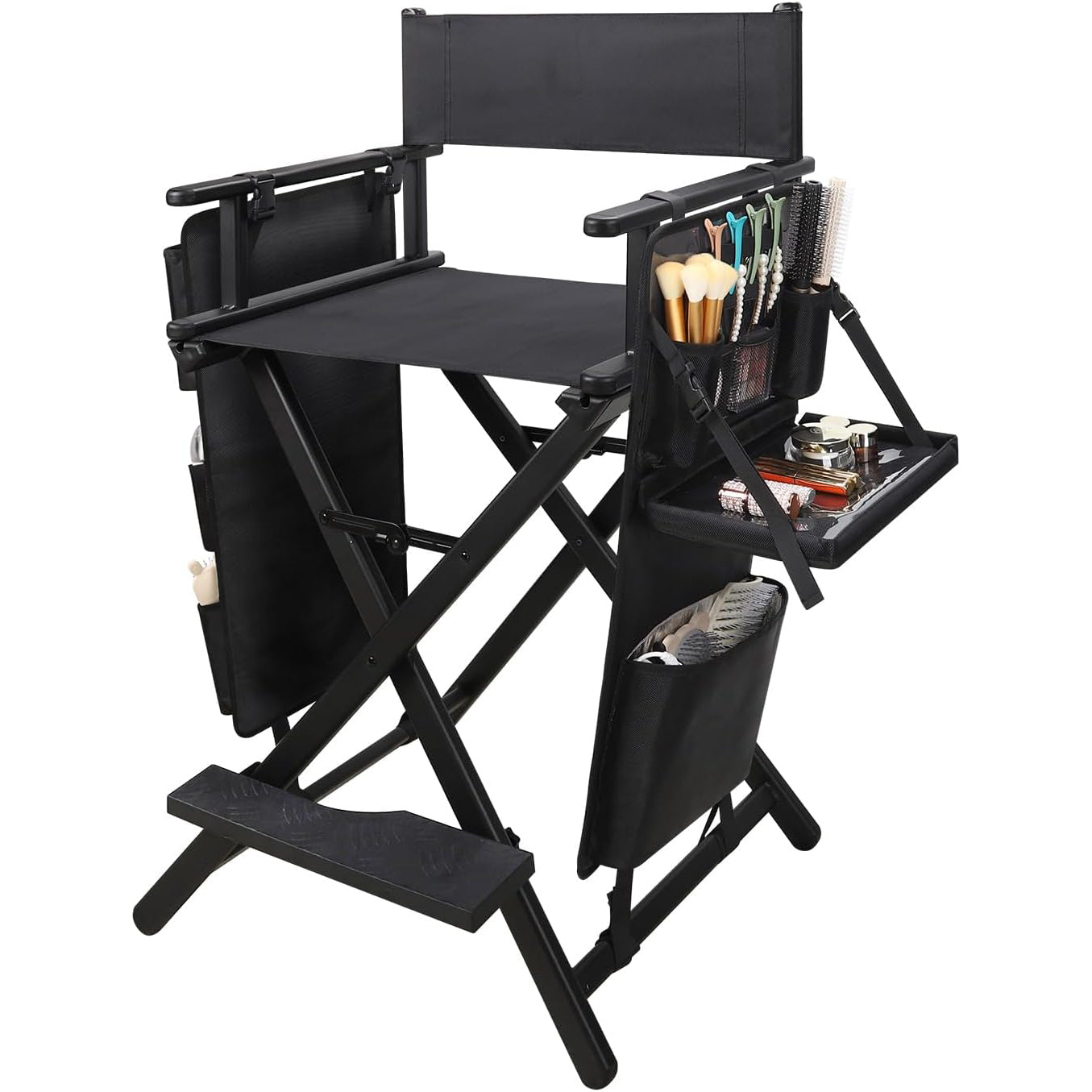 Portable Makeup Artist Chair with Two Side Storage Bags and Footrest and Backpack Tote Bag