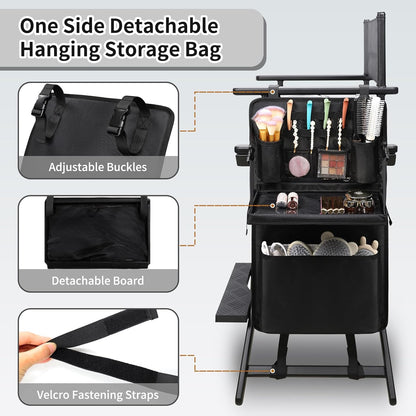 Portable Makeup Artist Chair with Two Side Storage Bags and Footrest and Backpack Tote Bag