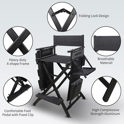 Portable Makeup Artist Chair with Two Side Storage Bags and Footrest and Backpack Tote Bag