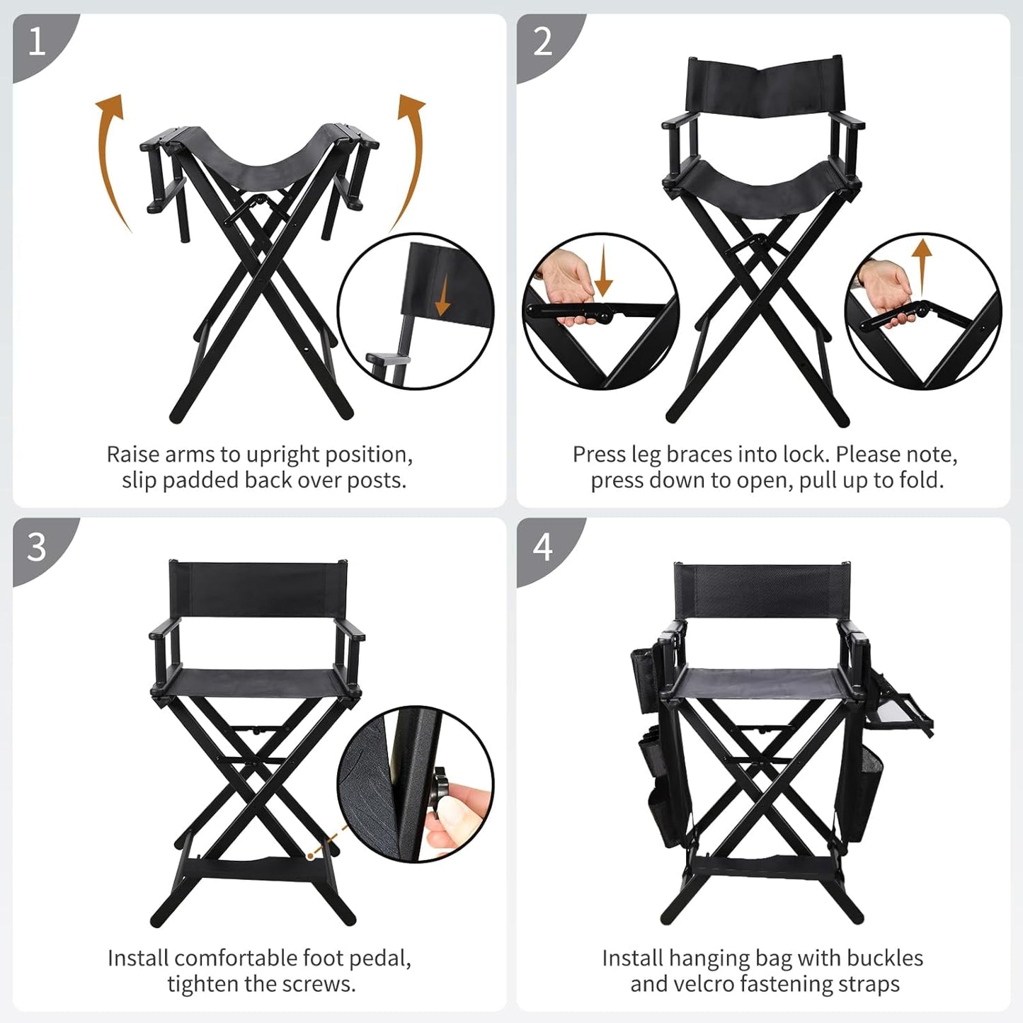 Portable Makeup Artist Chair with Two Side Storage Bags and Footrest and Backpack Tote Bag