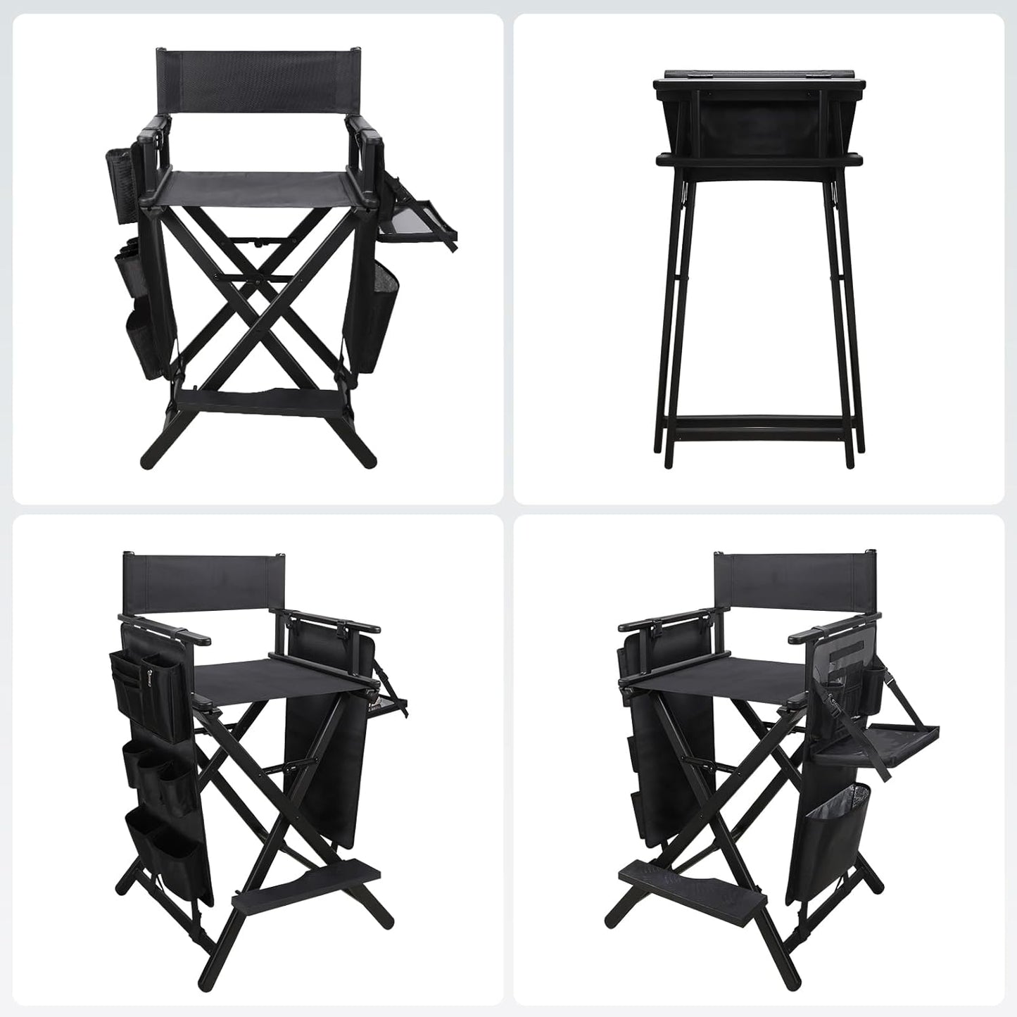 Portable Makeup Artist Chair with Two Side Storage Bags and Footrest and Backpack Tote Bag