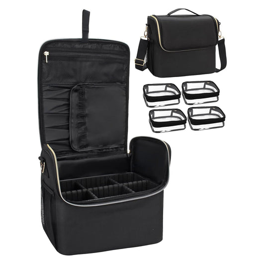 Professional Large Travel Makeup Bag with 4 Clear Bag and Adjustable Dividers and Shoulder Strap