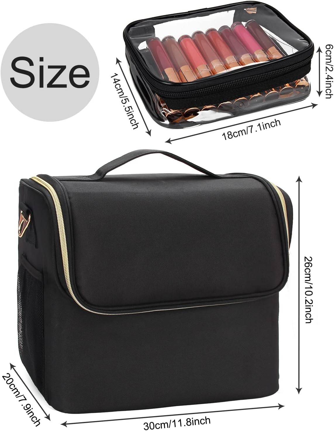 Professional Large Travel Makeup Bag with 4 Clear Bag and Adjustable Dividers and Shoulder Strap