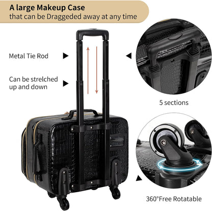 Rolling Extra Large 3 Layers Makeup Train Case with 3pcs Traveling Bags