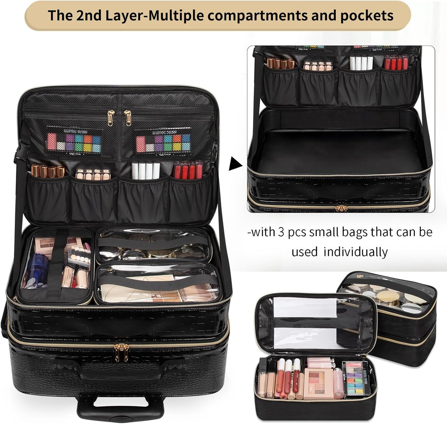 Rolling Extra Large 3 Layers Makeup Train Case with 3pcs Traveling Bags