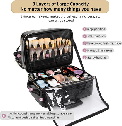 Rolling Extra Large 3 Layers Makeup Train Case with 3pcs Traveling Bags