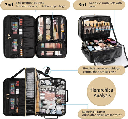 Rolling Extra Large 3 Layers Makeup Train Case with 3pcs Traveling Bags