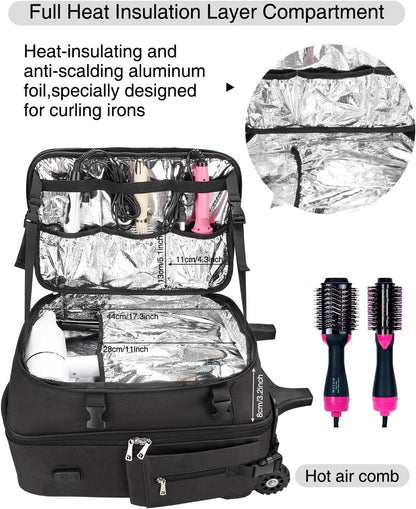 Rolling Extra Large Barber Makeup Backpack with Heat Insulation Layer and Adjustable Dividers