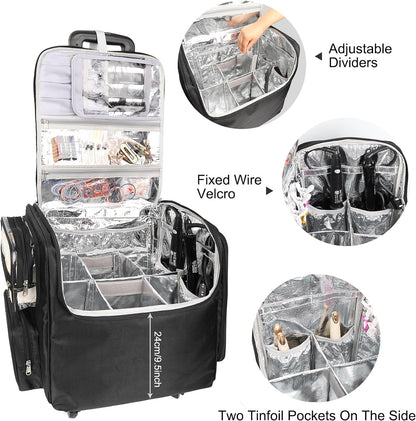 Rolling Hairstylist Makeup Train Case with 4 Wheels