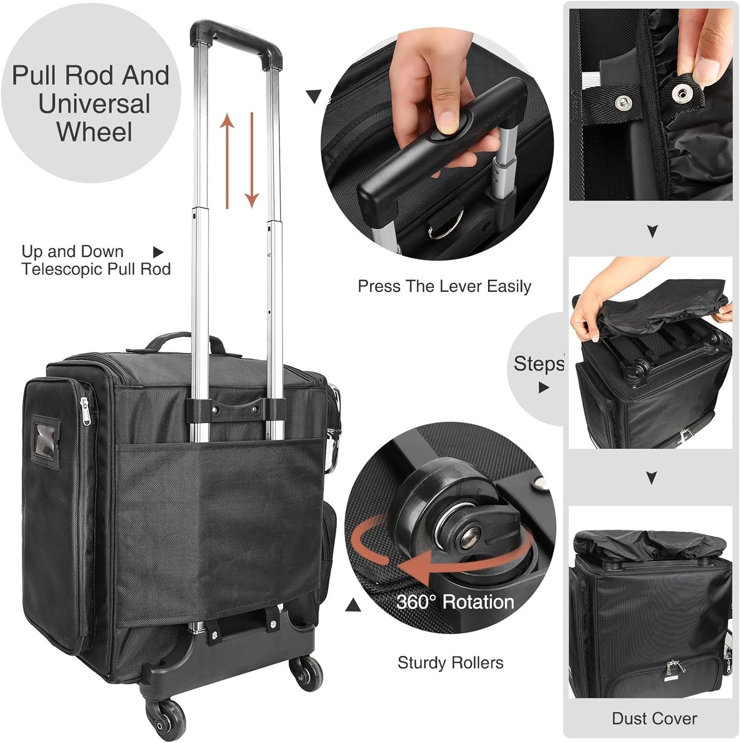 Rolling Hairstylist Makeup Train Case with 4 Wheels