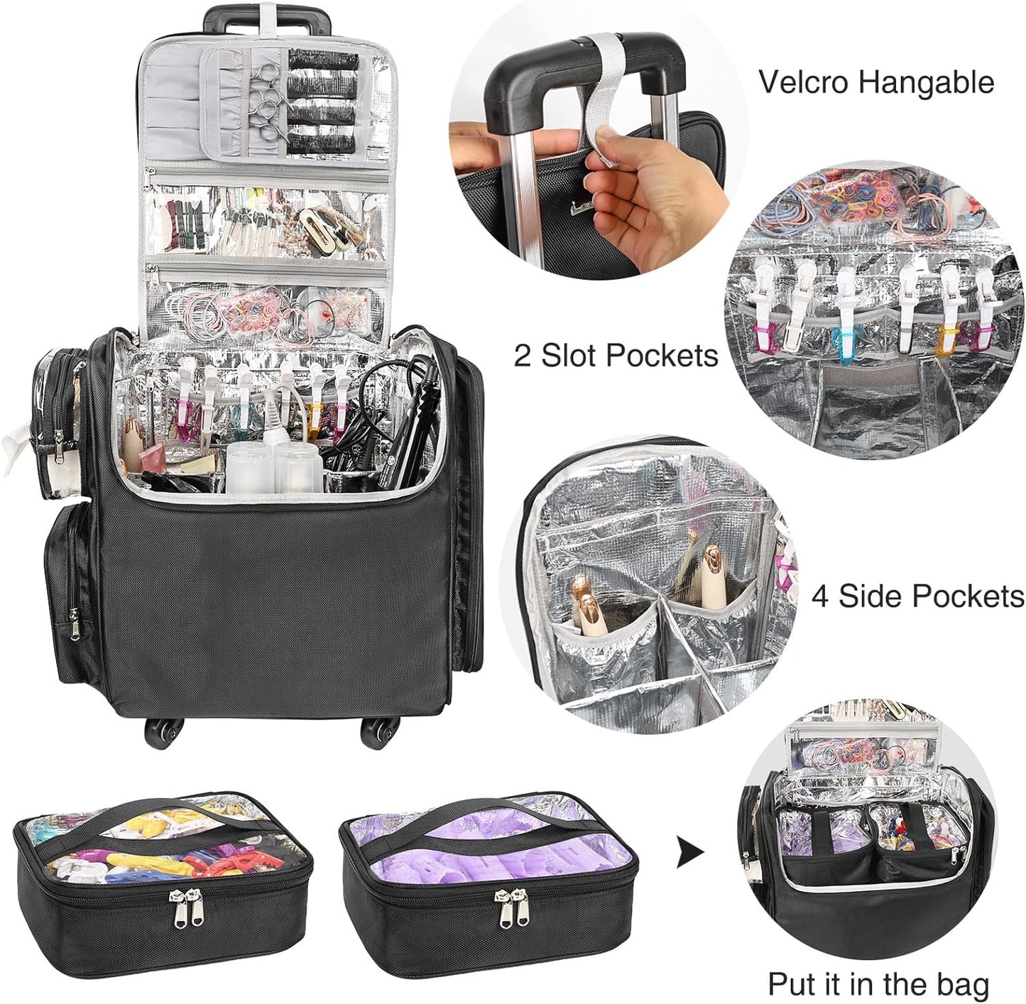 Rolling Hairstylist Makeup Train Case with 4 Wheels