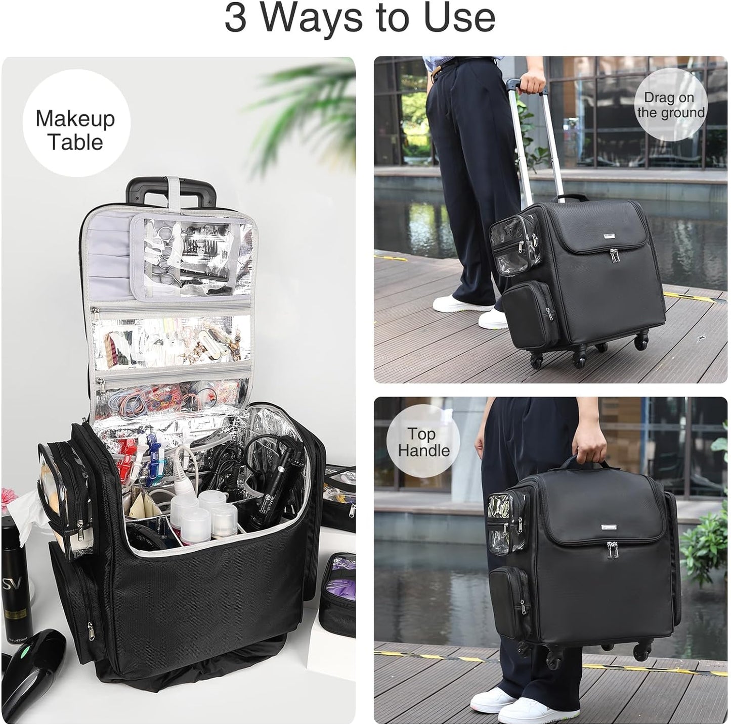 Rolling Hairstylist Makeup Train Case with 4 Wheels