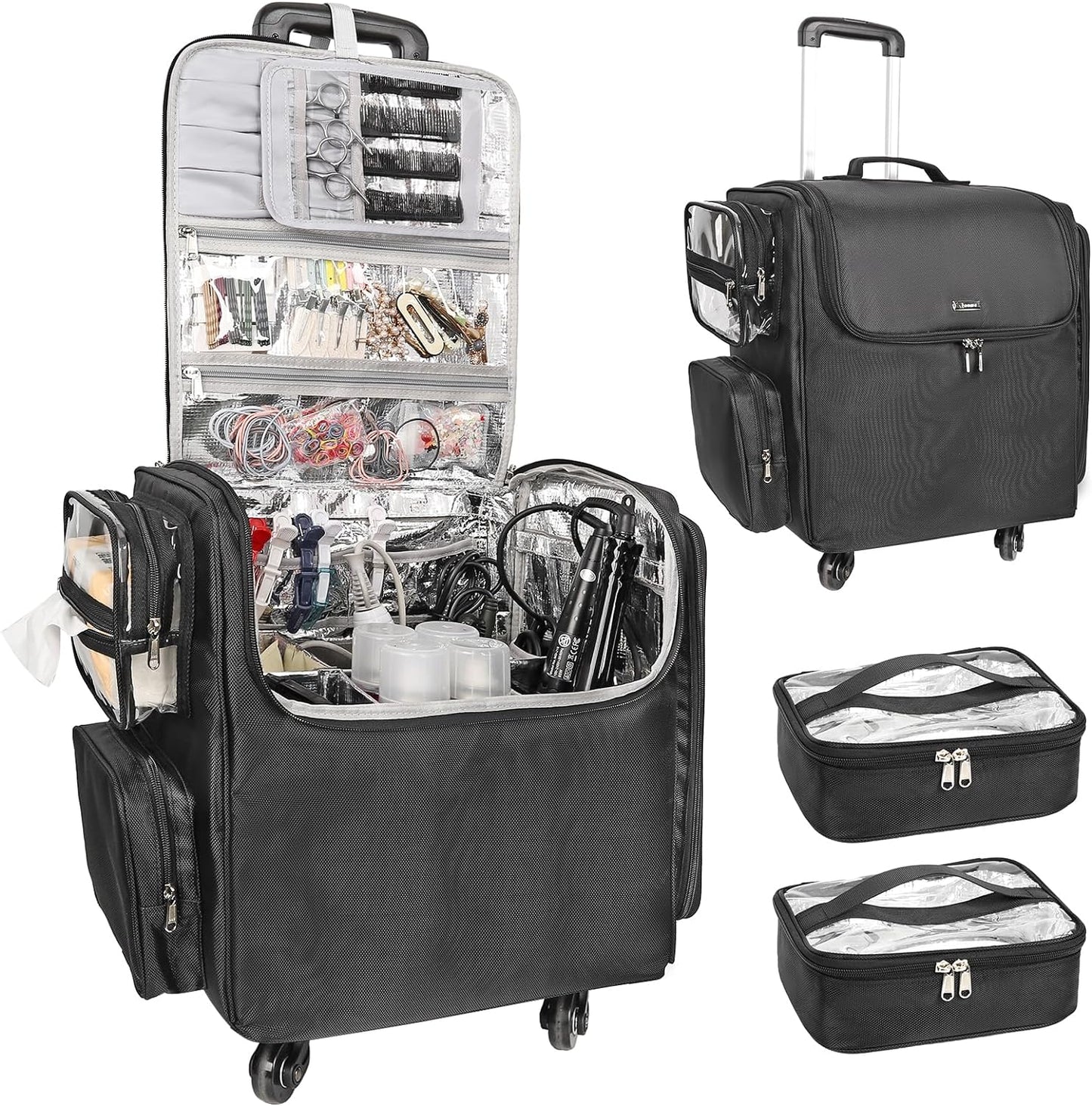 Rolling Hairstylist Makeup Train Case with 4 Wheels