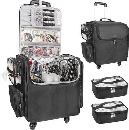 Rolling Hairstylist Makeup Train Case with 4 Wheels