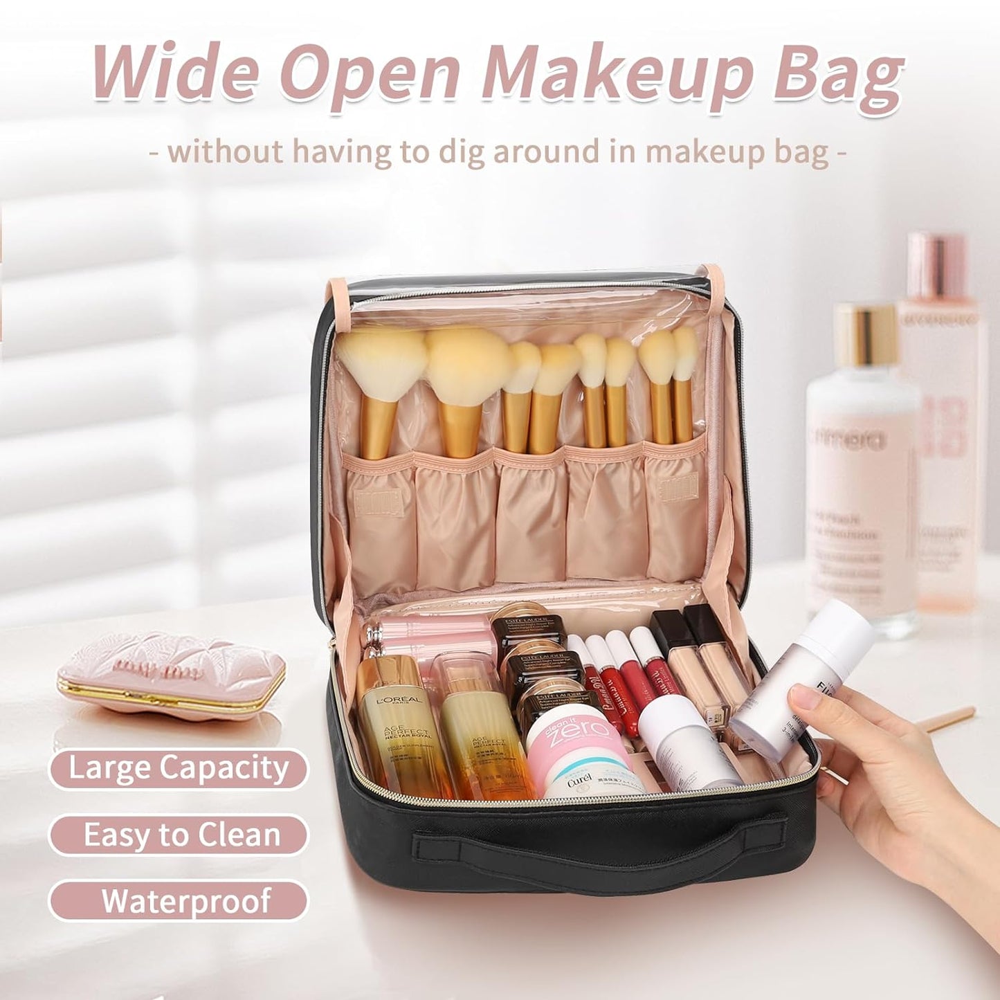 90° Wide Open for Easily Access, Waterproof Travel Makeup Bag