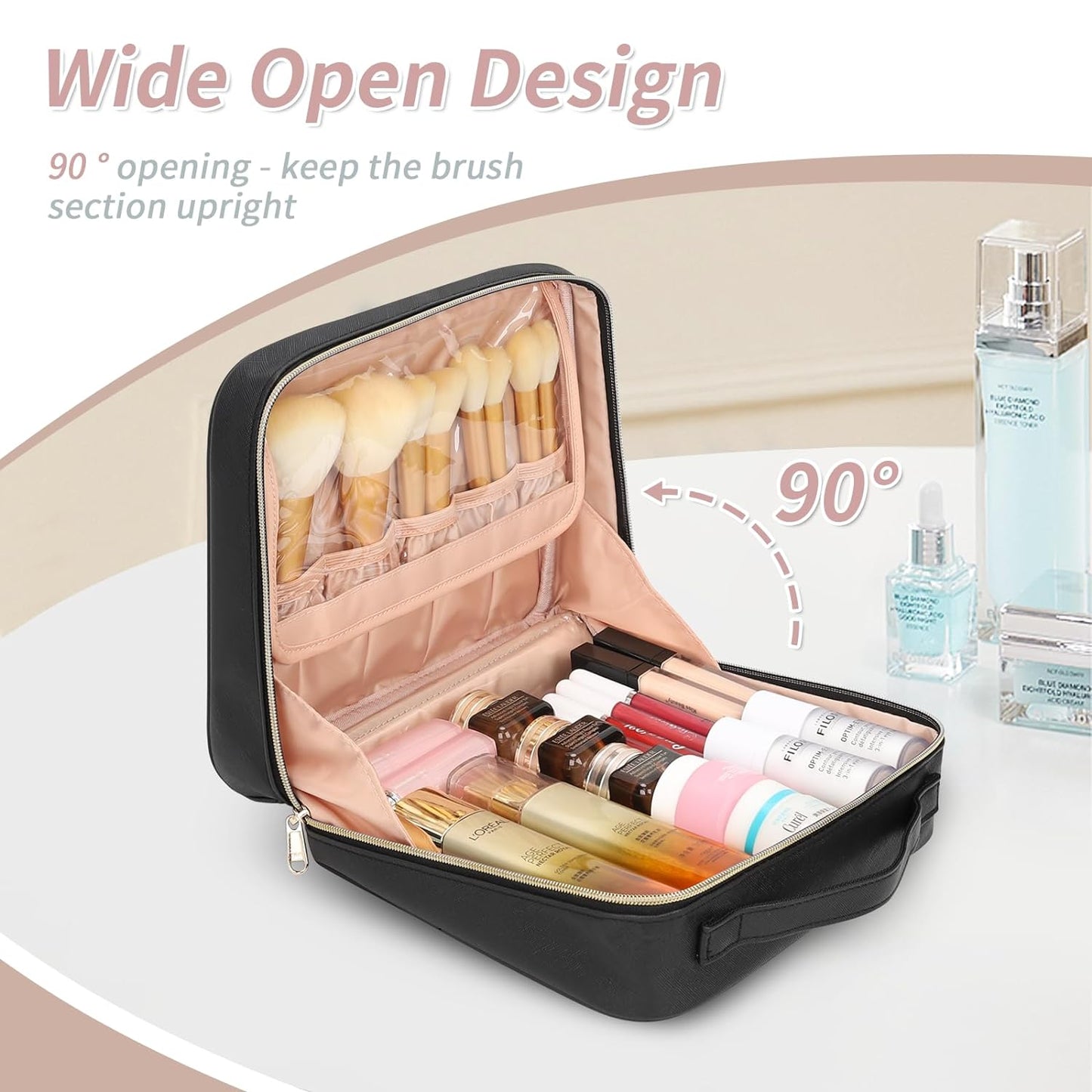 90° Wide Open for Easily Access, Waterproof Travel Makeup Bag