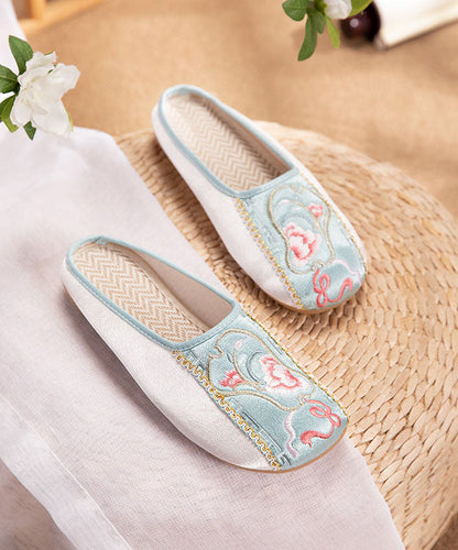 Retro Splicing Embroidered Flat Slide Sandals Light Green Cotton Fabric