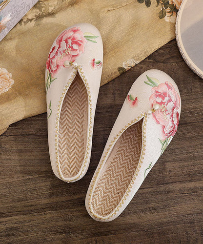 Retro Splicing Slide Sandals White Cotton Fabric Embroidered Nail Bead