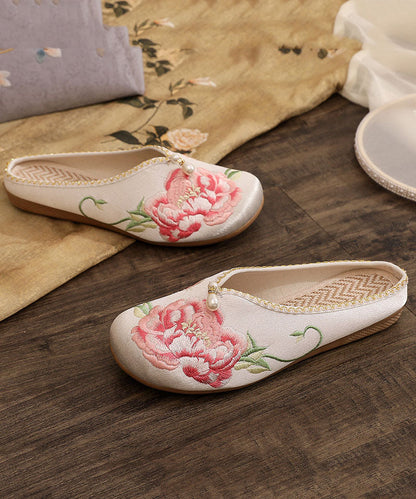 Retro Splicing Slide Sandals White Cotton Fabric Embroidered Nail Bead