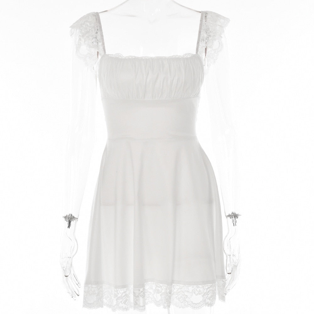 Mozision Elegant White Lace Strap Mini Dress