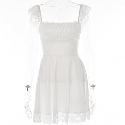 Mozision Elegant White Lace Strap Mini Dress