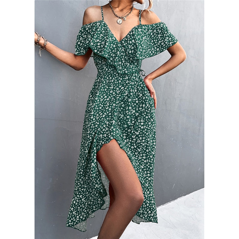 Off-Shoulder Ruffles Casual Ladies Sexy Straps Dress