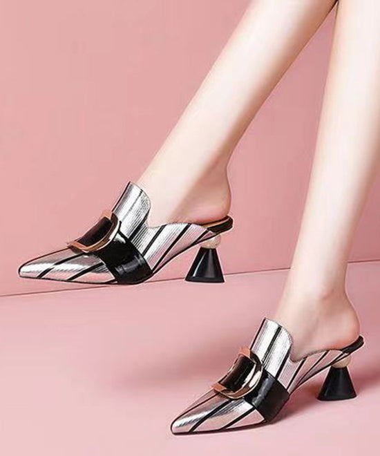 Silvery Stylish Chunky Faux Leather Slide Sandals Pointed Toe