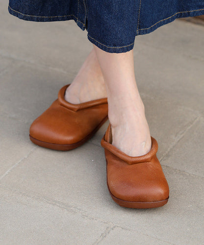 Simple Black Flat Sandals Platform Cowhide Leather Slide Sandals