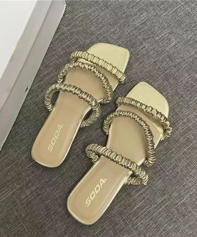 Simple Comfy Gold Faux Leather Slide Sandals Peep Toe