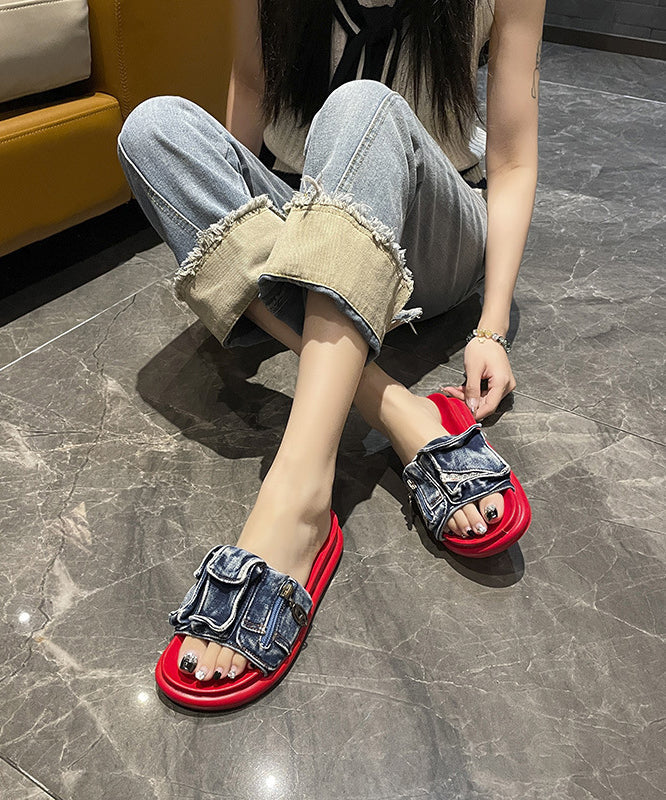 Stylish Blue Denim Platform Slide Sandals Peep Toe