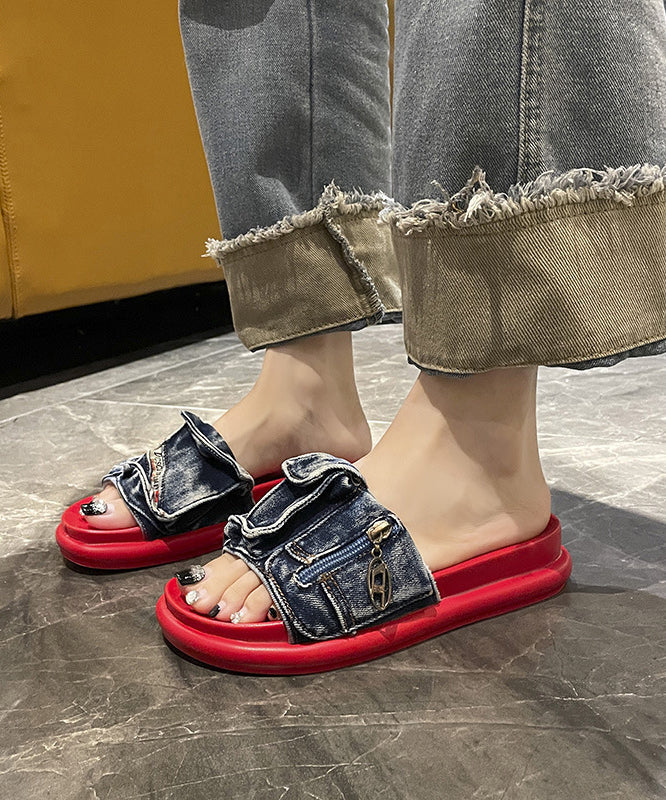 Stylish Blue Denim Platform Slide Sandals Peep Toe