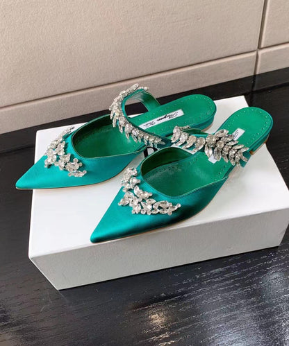 Stylish Comfortable Green Zircon Satin Flat Slide Sandals Pointed Toe