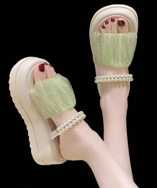 Stylish Splicing Platform Slide Sandals Peep Toe Green Tulle Nail Bead