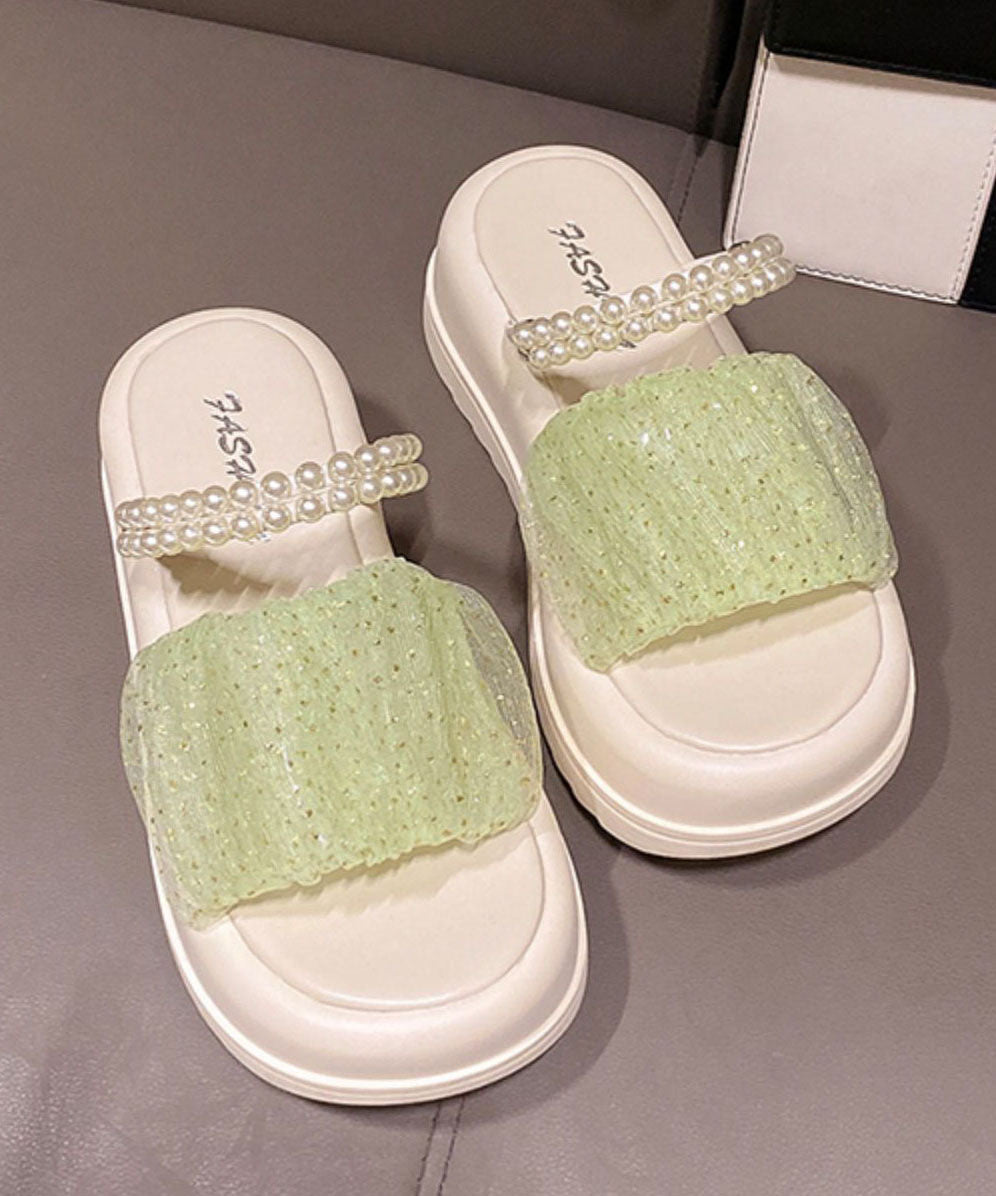 Stylish Splicing Platform Slide Sandals Peep Toe Green Tulle Nail Bead