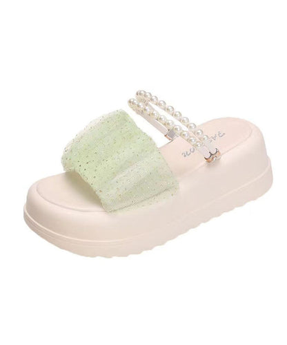 Stylish Splicing Platform Slide Sandals Peep Toe Green Tulle Nail Bead