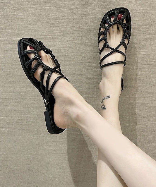 Vintage Black PU Flat Slide Sandals Splicing Hollow Out