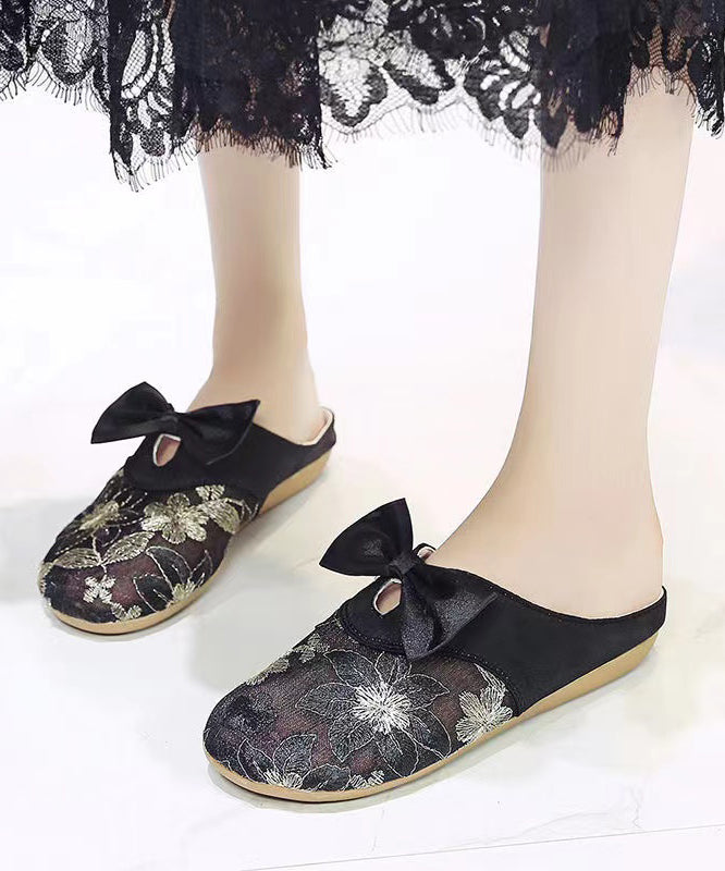 Vintage Embroidery Splicing Slide Sandals Black Breathable Mesh