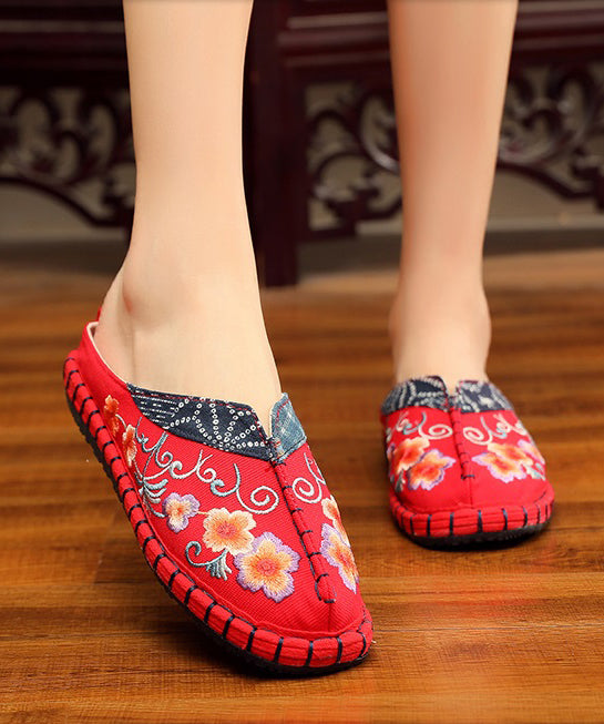 Vintage Red Slide Sandals Embroidered Cotton Fabric Splicing Slides