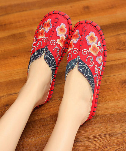 Vintage Red Slide Sandals Embroidered Cotton Fabric Splicing Slides