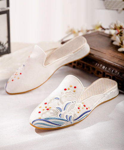 White Embroidered Cotton Fabric Chinese Style Splicing Flat Slide Sandals