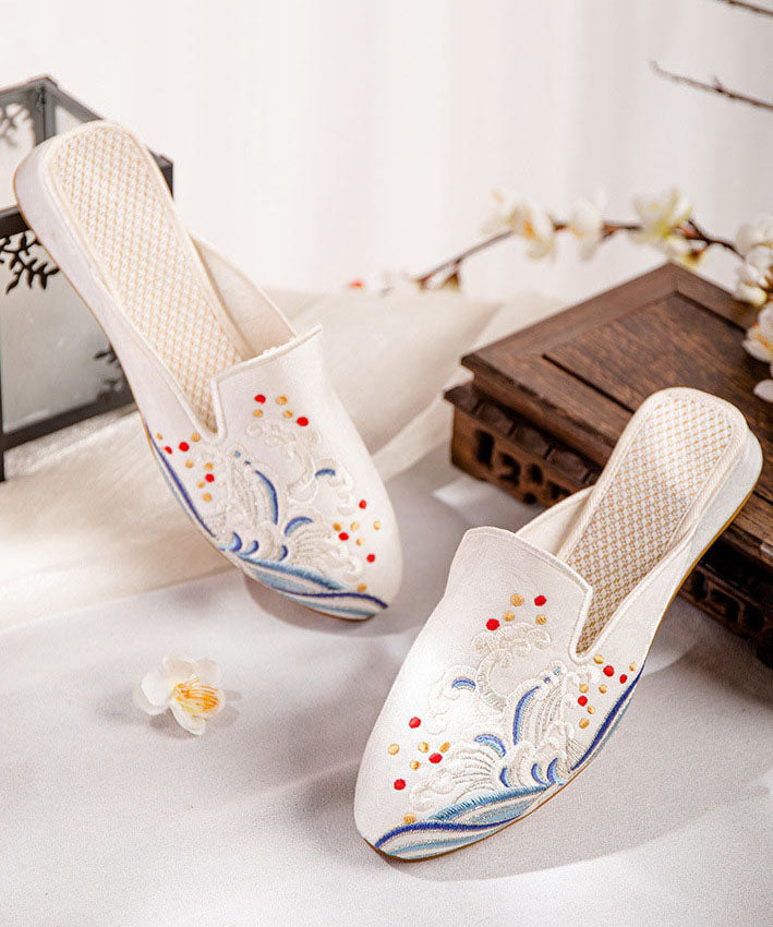 White Embroidered Cotton Fabric Chinese Style Splicing Flat Slide Sandals