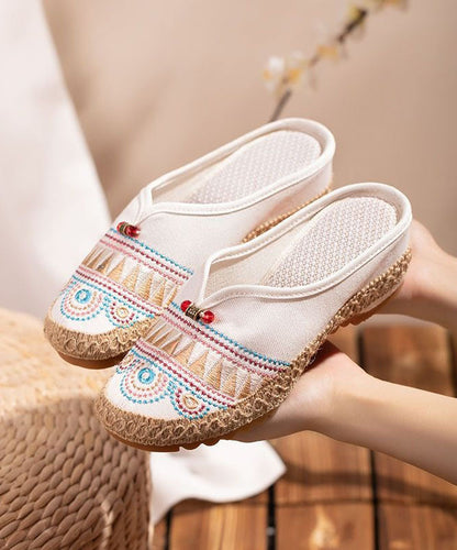 White Embroidered Slide Sandals Retro Splicing Linen Fabric