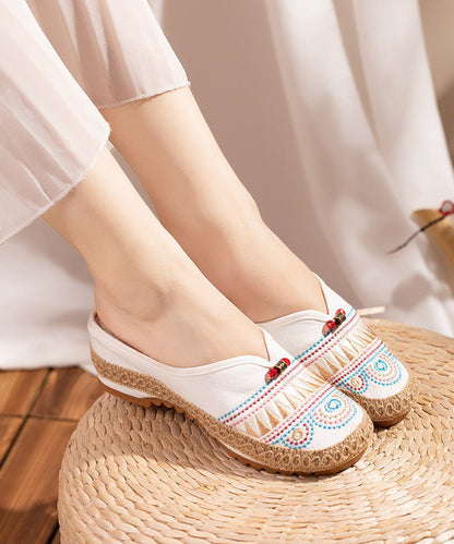 White Embroidered Slide Sandals Retro Splicing Linen Fabric